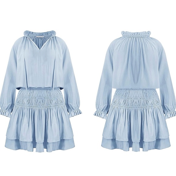 R.Vivimos Cotton Long Sleeves V Neck Layered Ruffles Pleated Swing Mini Dress - Picture 1 of 5